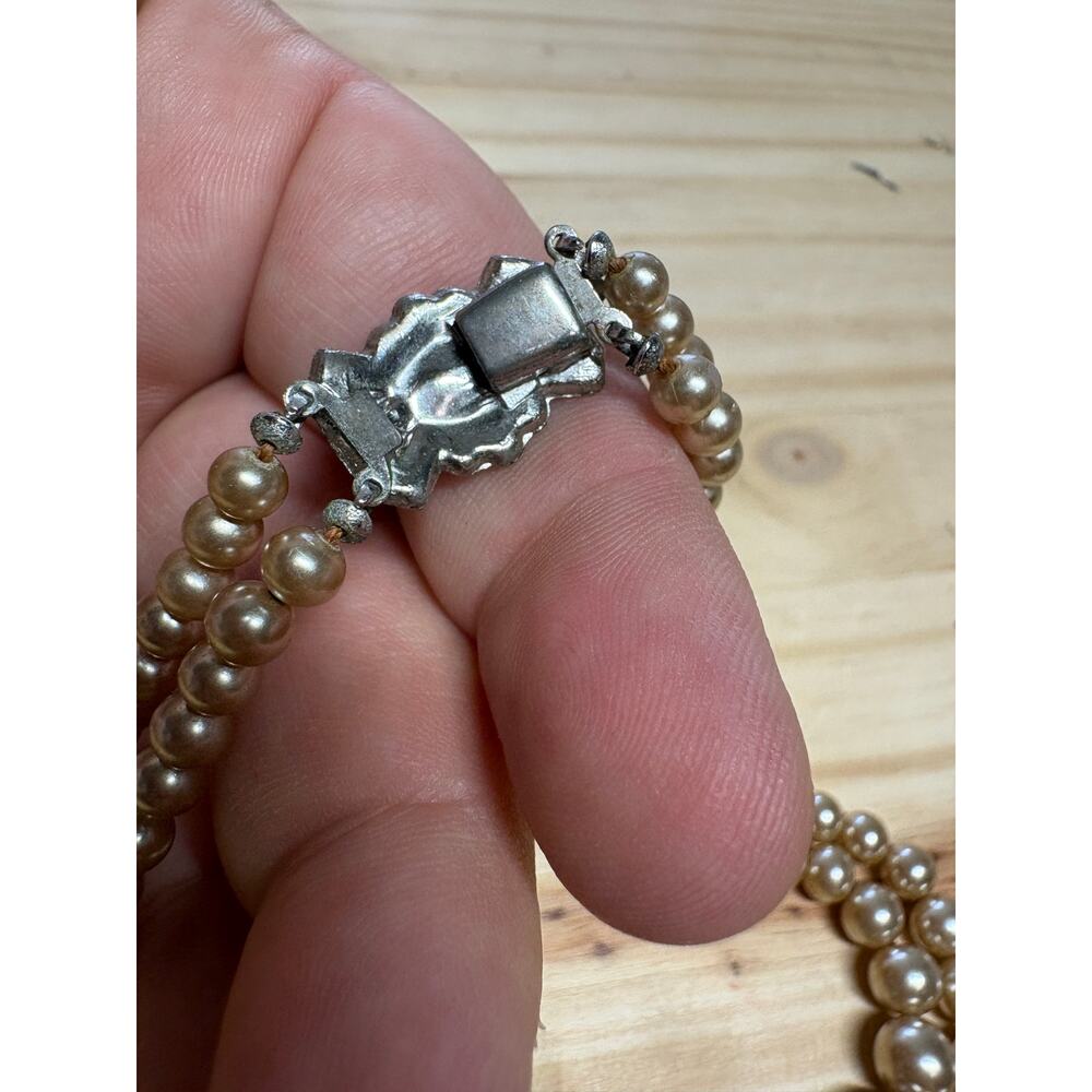 Vintage Double Strand Faux Pearl Necklace Rhinestone Silver Tone - Picture 6 of 8
